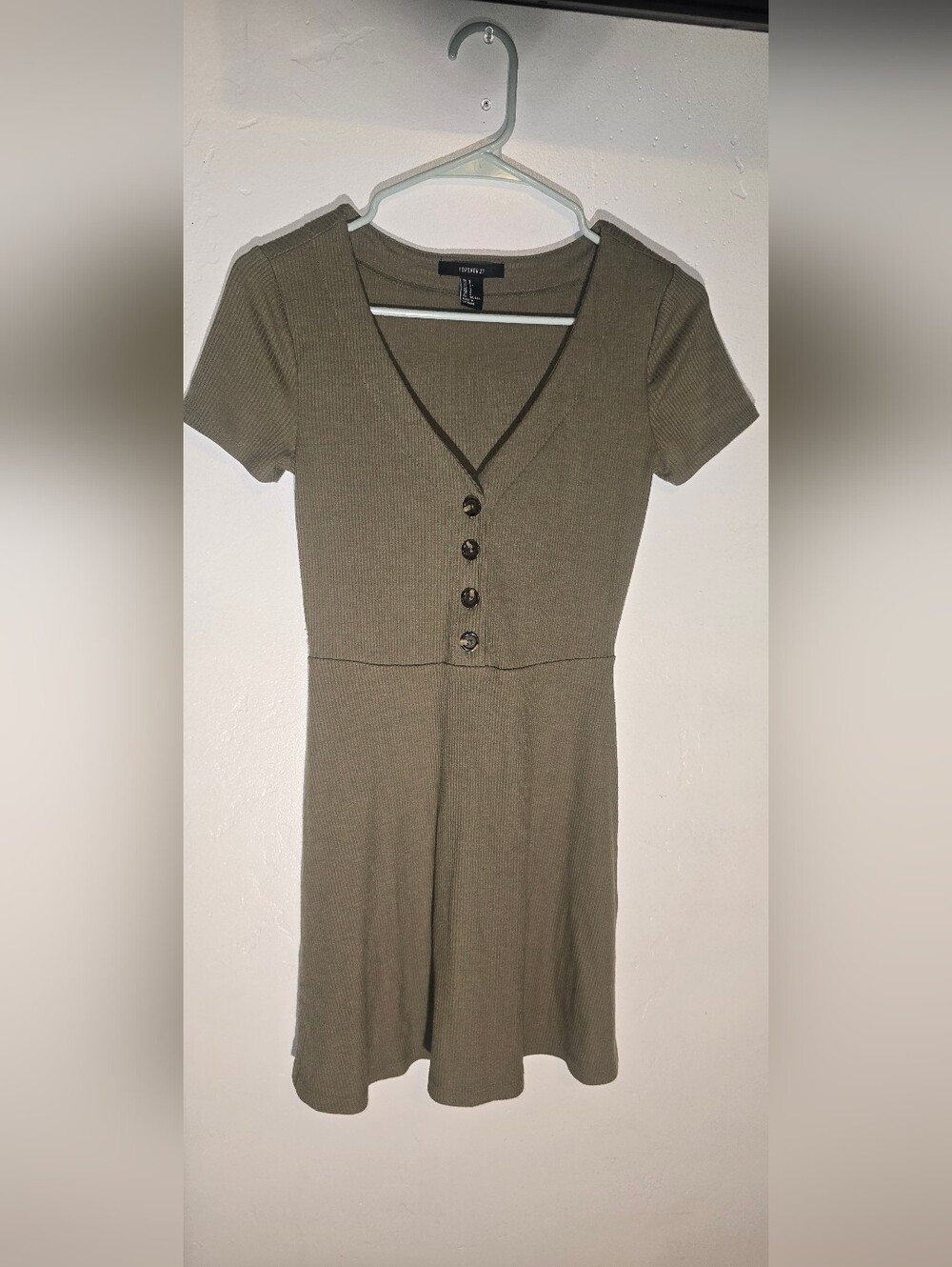 Forever 21 Olive Ribbed V-Neck Button Midi Dress